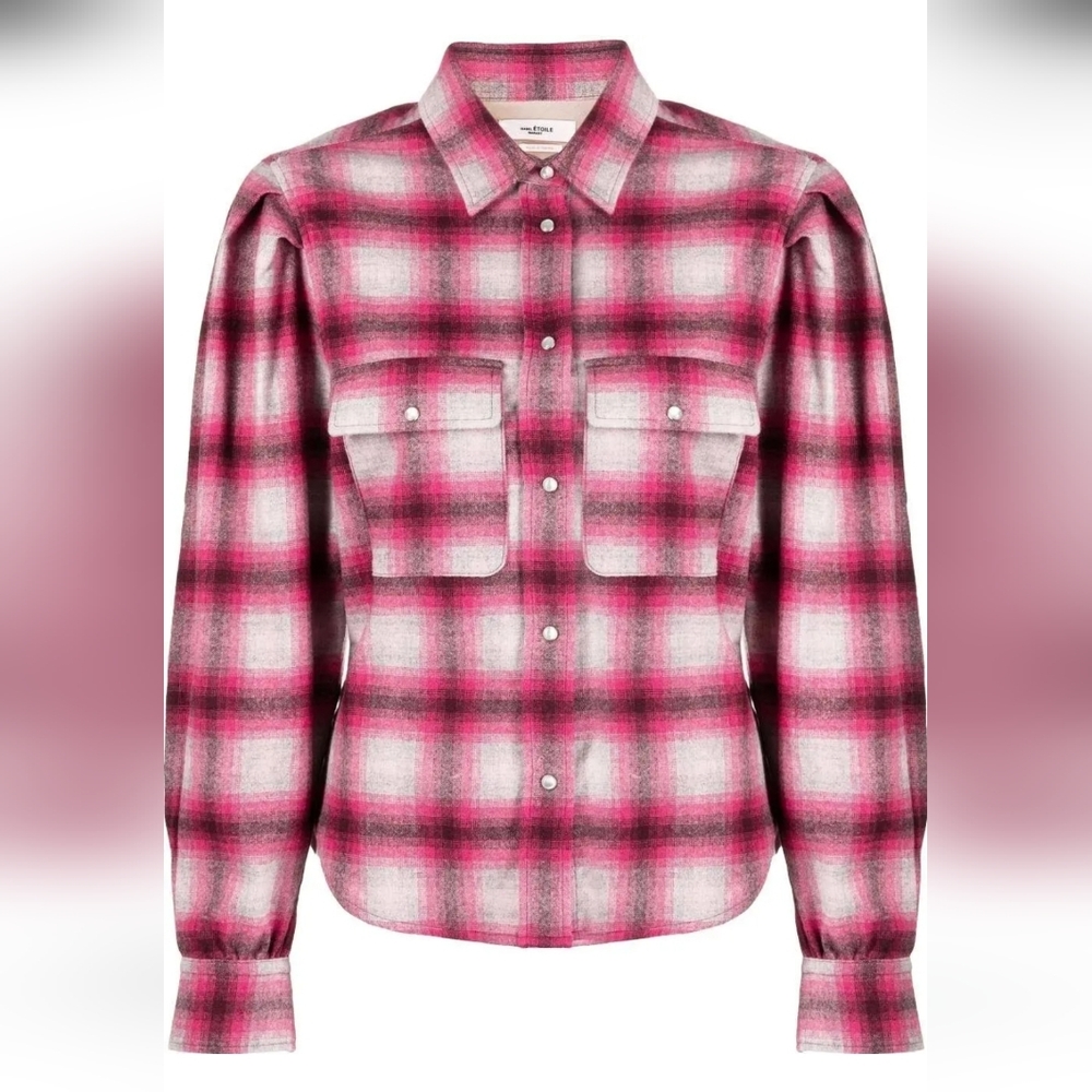 Isabel Marant Pink Plaid Wool Long Sleeve Flannel Shirt Jacket Sz 10(42)